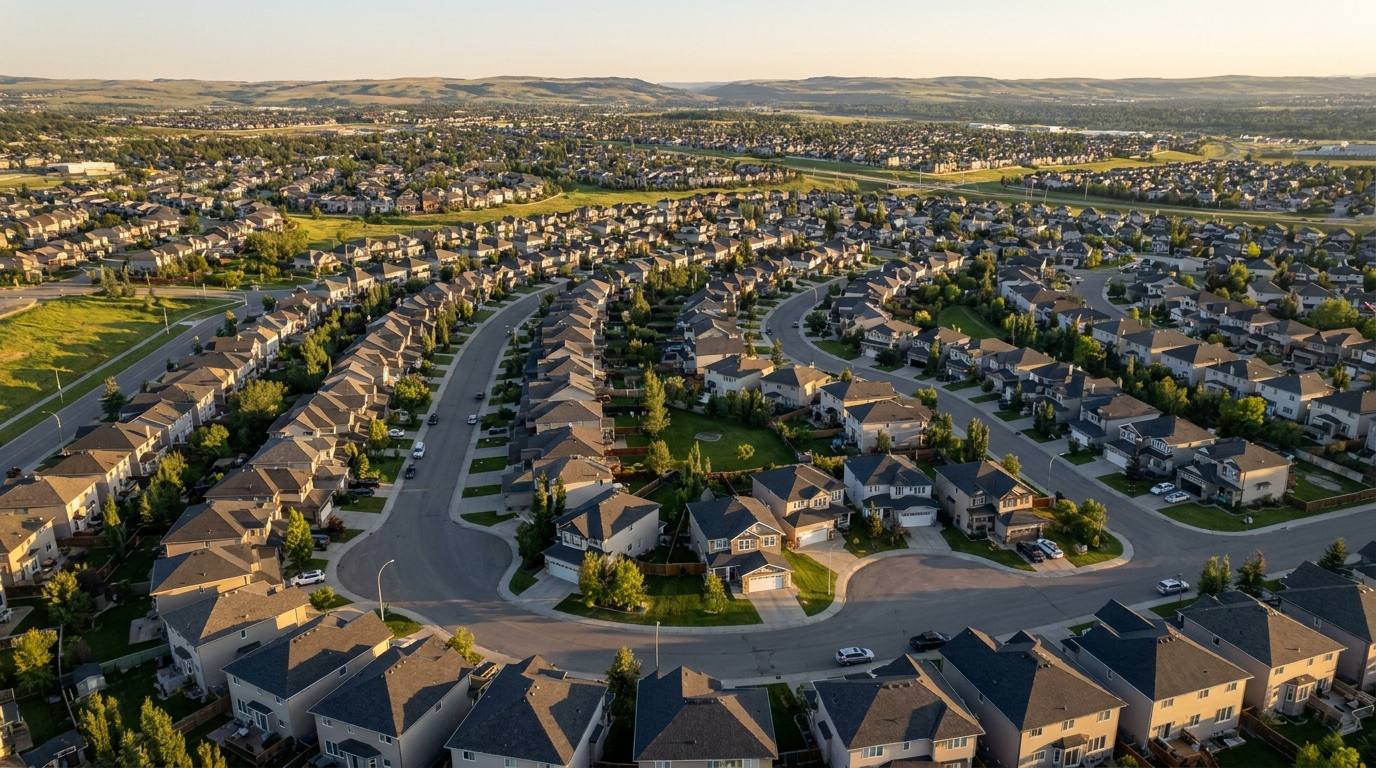 Aerial view of a newly shingled Calgary roof