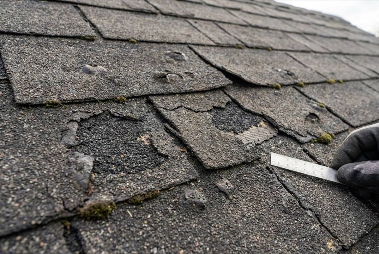 Worn shingles being inspected before repair