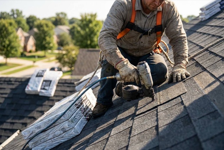 Crew installing asphalt shingles on a Calgary home