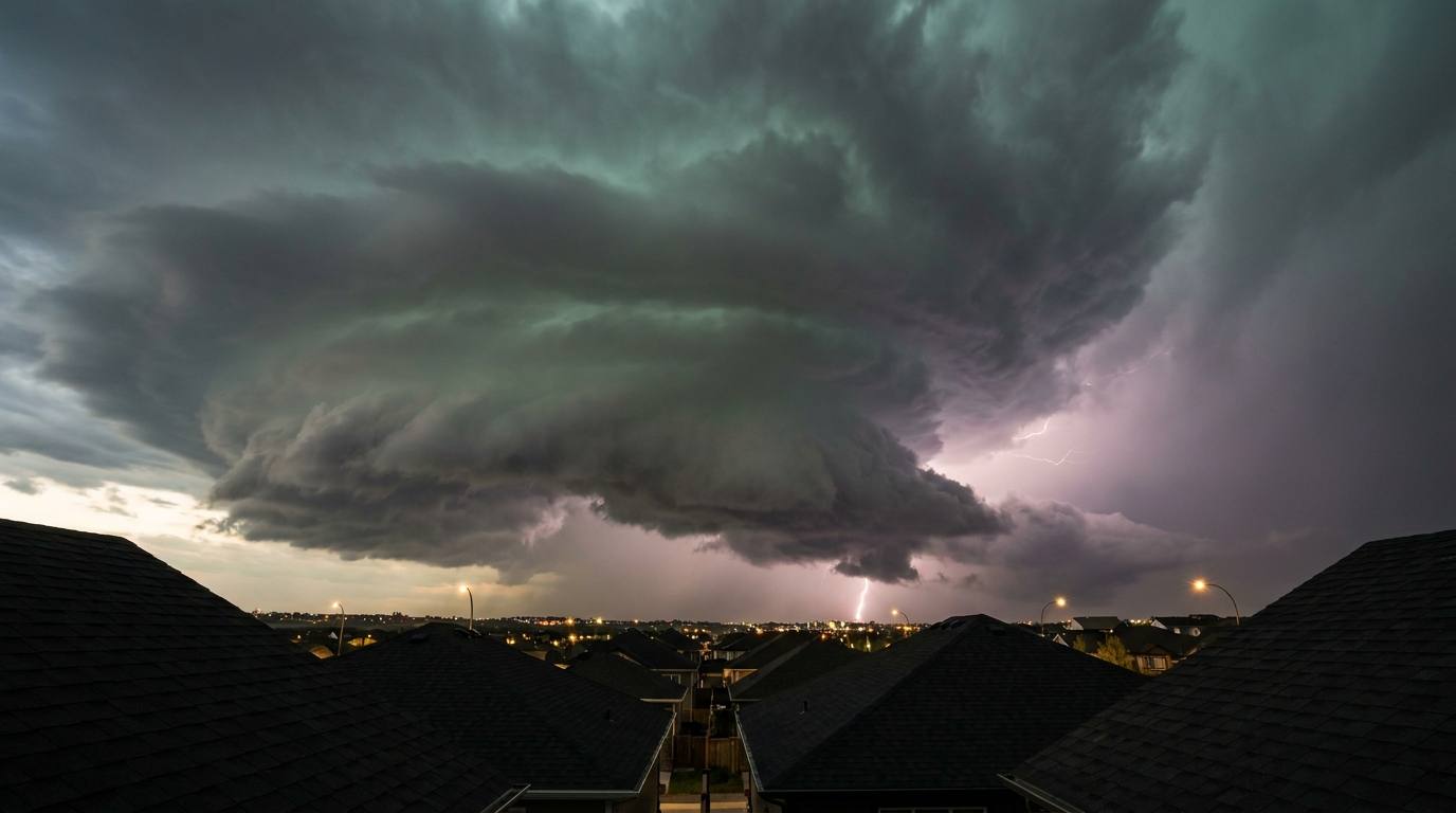 Dark hail storm rolling over Calgary rooftops